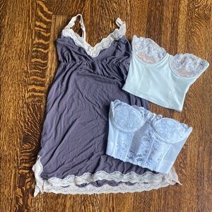 Eberjey Charcoal and Cream Lace small nightie and two bustiers/ set